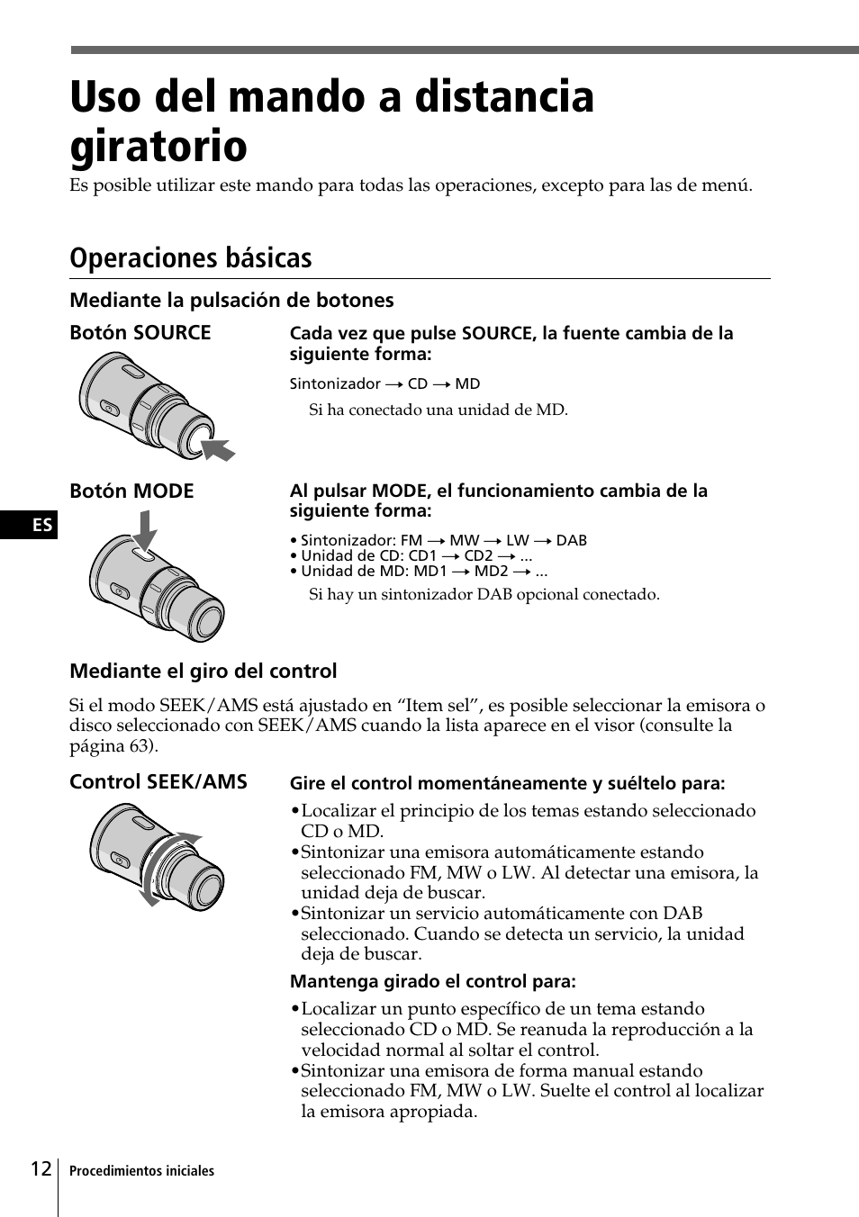 Uso del mando a distancia giratorio, Operaciones básicas | Sony CDX-C90R User Manual | Page 96 / 170