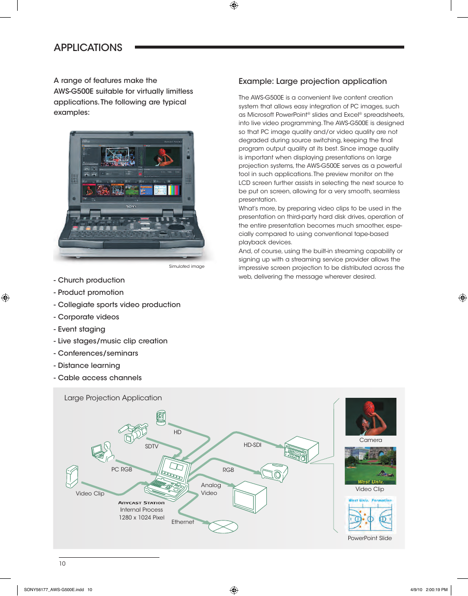Applications, Example: large projection application | Sony AWS-G500E User Manual | Page 10 / 12