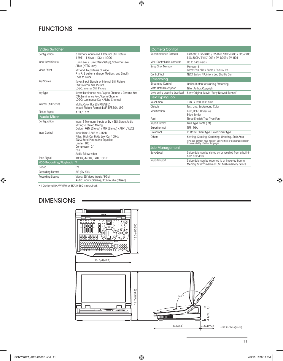 Dimensions, Functions | Sony AWS-G500E User Manual | Page 11 / 12