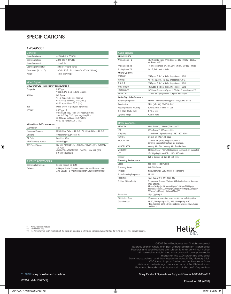 Specifications, Aws-g500e | Sony AWS-G500E User Manual | Page 12 / 12