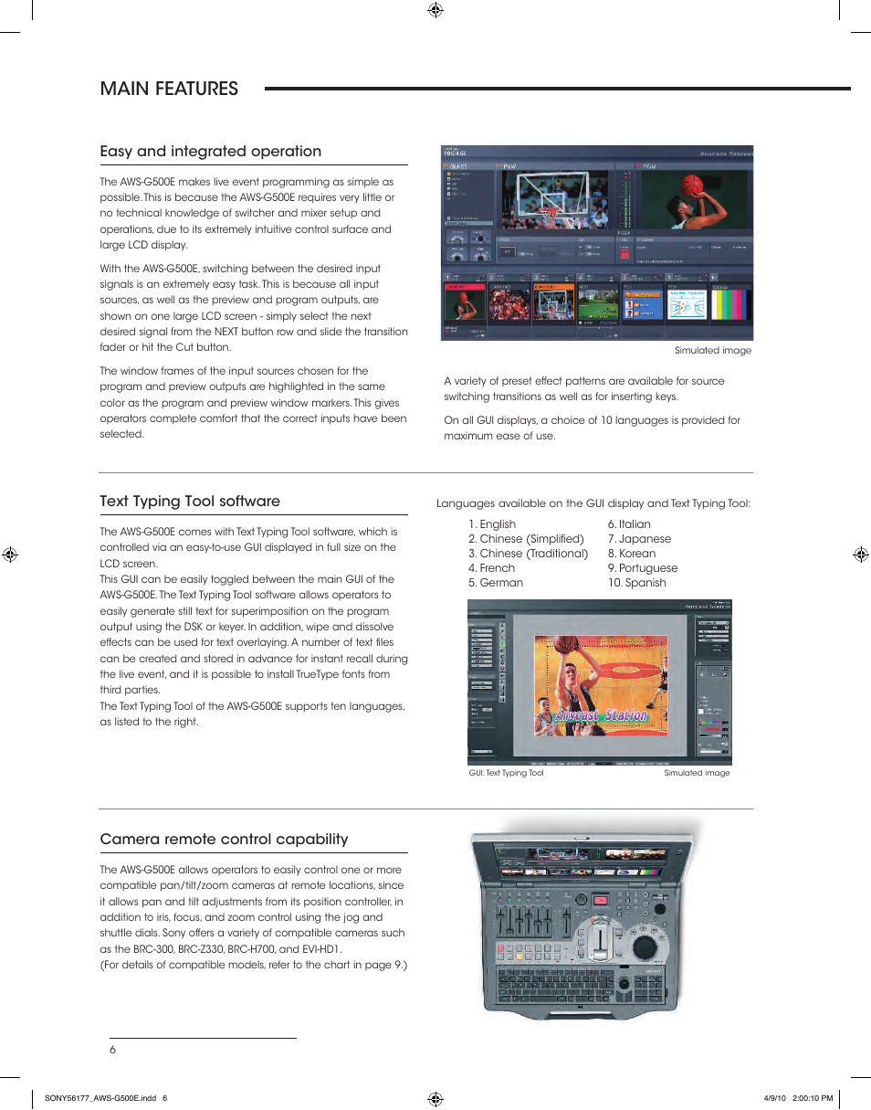 Main features, Text typing tool software, Easy and integrated operation | Camera remote control capability | Sony AWS-G500E User Manual | Page 6 / 12