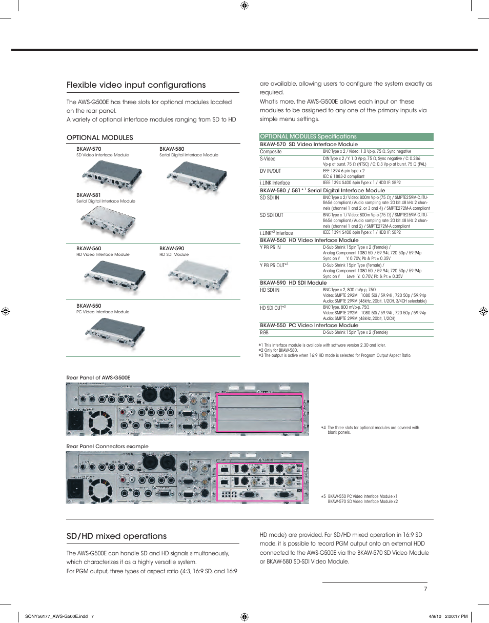 Flexible video input configurations, Sd/hd mixed operations, Optional modules | Sony AWS-G500E User Manual | Page 7 / 12