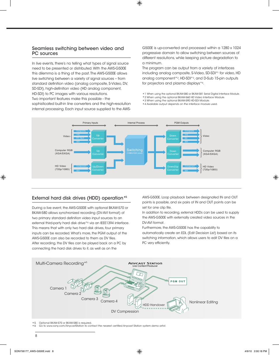 External hard disk drives (hdd) operation, Seamless switching between video and pc sources, Multi-camera recording | Sony AWS-G500E User Manual | Page 8 / 12