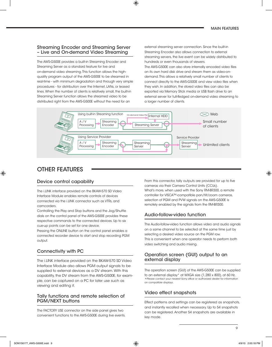 Other features, Device control capability, Connectivity with pc | Audio-follow-video function, Video effect snapshots | Sony AWS-G500E User Manual | Page 9 / 12