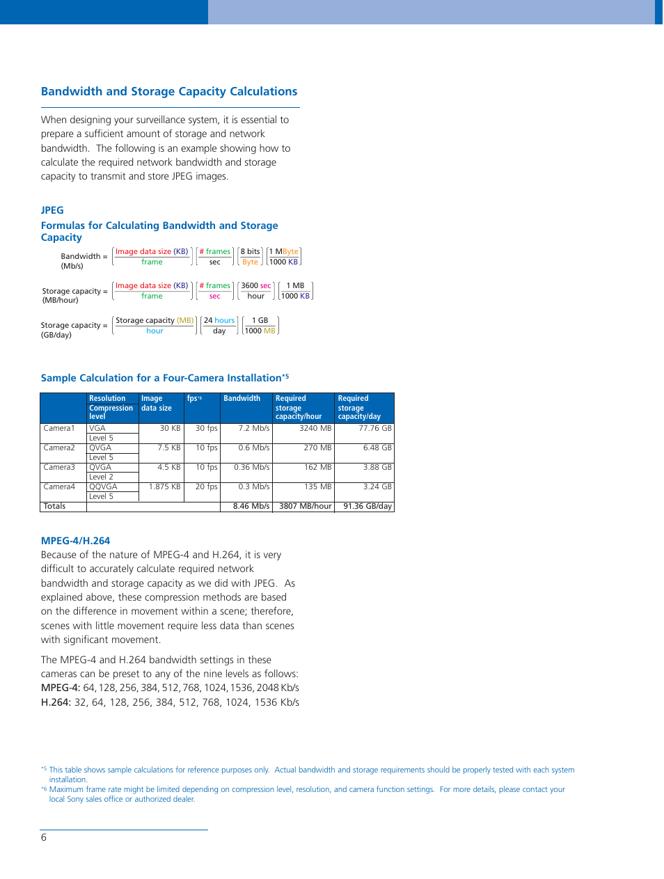 Bandwidth and storage capacity calculations | Sony SNC-CS50P User Manual | Page 6 / 16