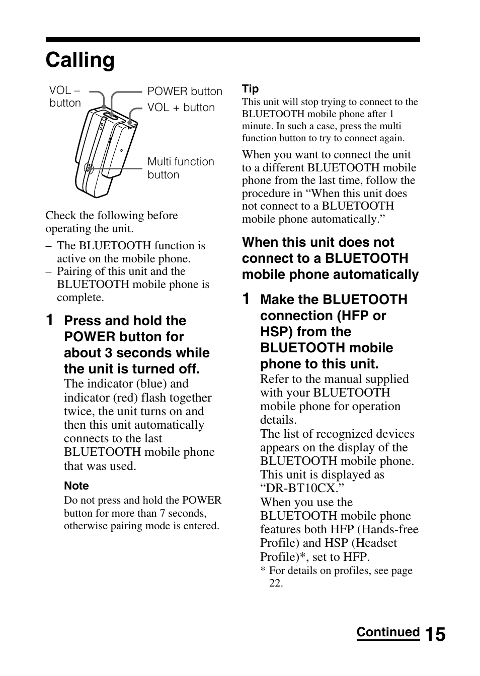 Calling | Sony DR-BT10CX User Manual | Page 15 / 28