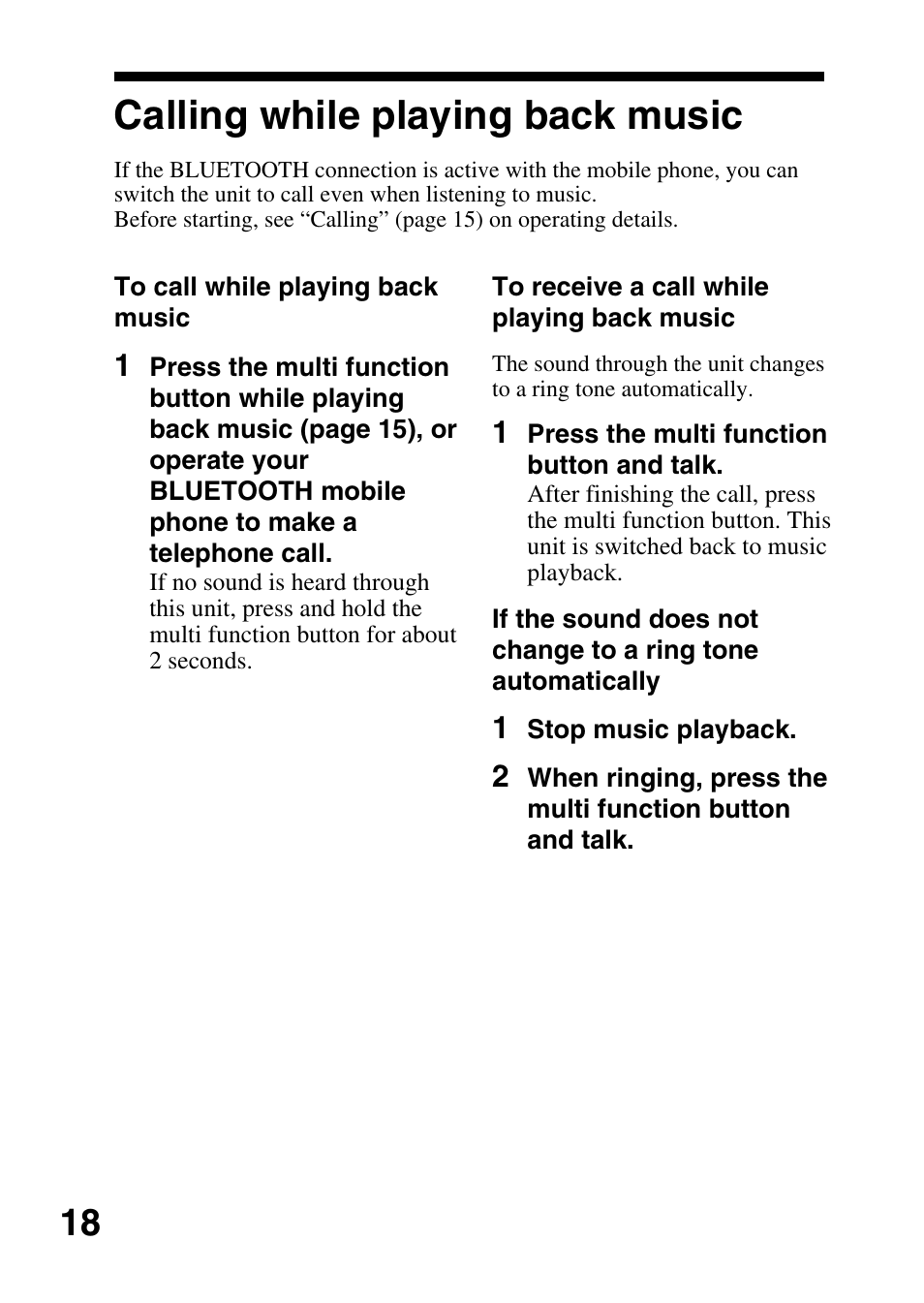 Calling while playing back music, Calling while playing, Back music | Sony DR-BT10CX User Manual | Page 18 / 28