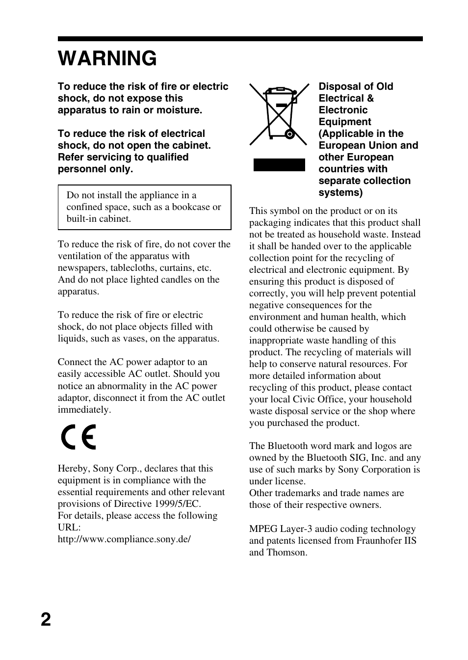 Warning | Sony DR-BT10CX User Manual | Page 2 / 28