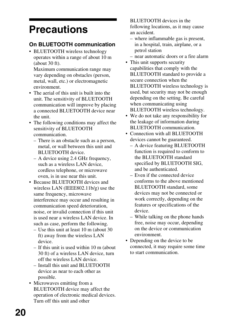 Precautions | Sony DR-BT10CX User Manual | Page 20 / 28