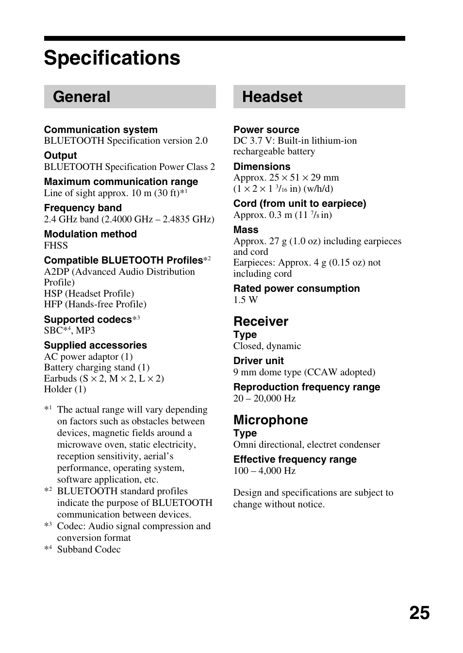 Specifications, General, Headset | Receiver, Microphone | Sony DR-BT10CX User Manual | Page 25 / 28