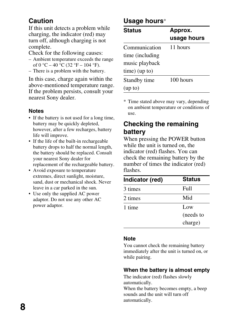 Usage hours, Checking the remaining battery, Caution | Sony DR-BT10CX User Manual | Page 8 / 28