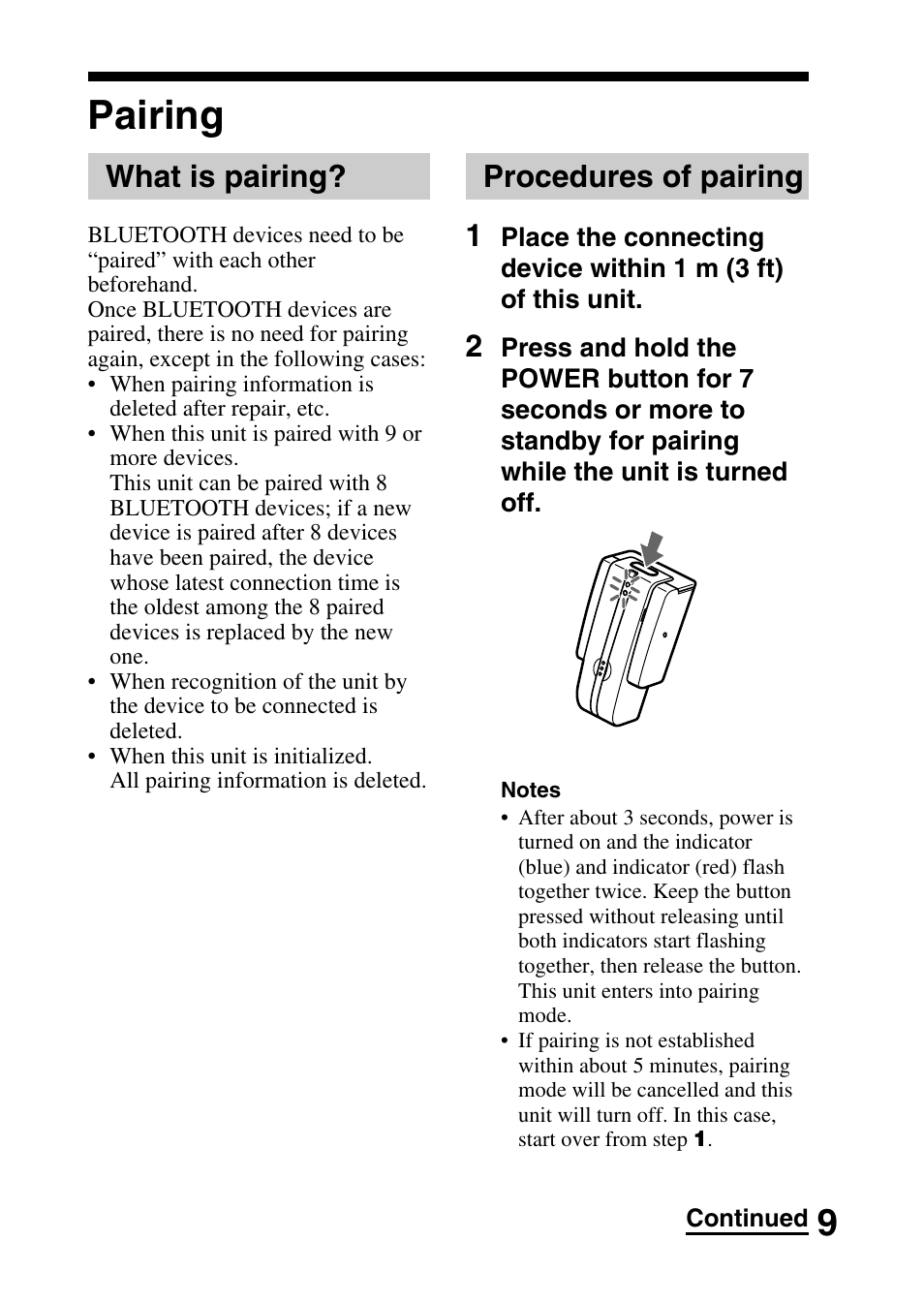 Pairing, What is pairing, Procedures of pairing | What is pairing? procedures of pairing, Procedures of pairing 1 | Sony DR-BT10CX User Manual | Page 9 / 28