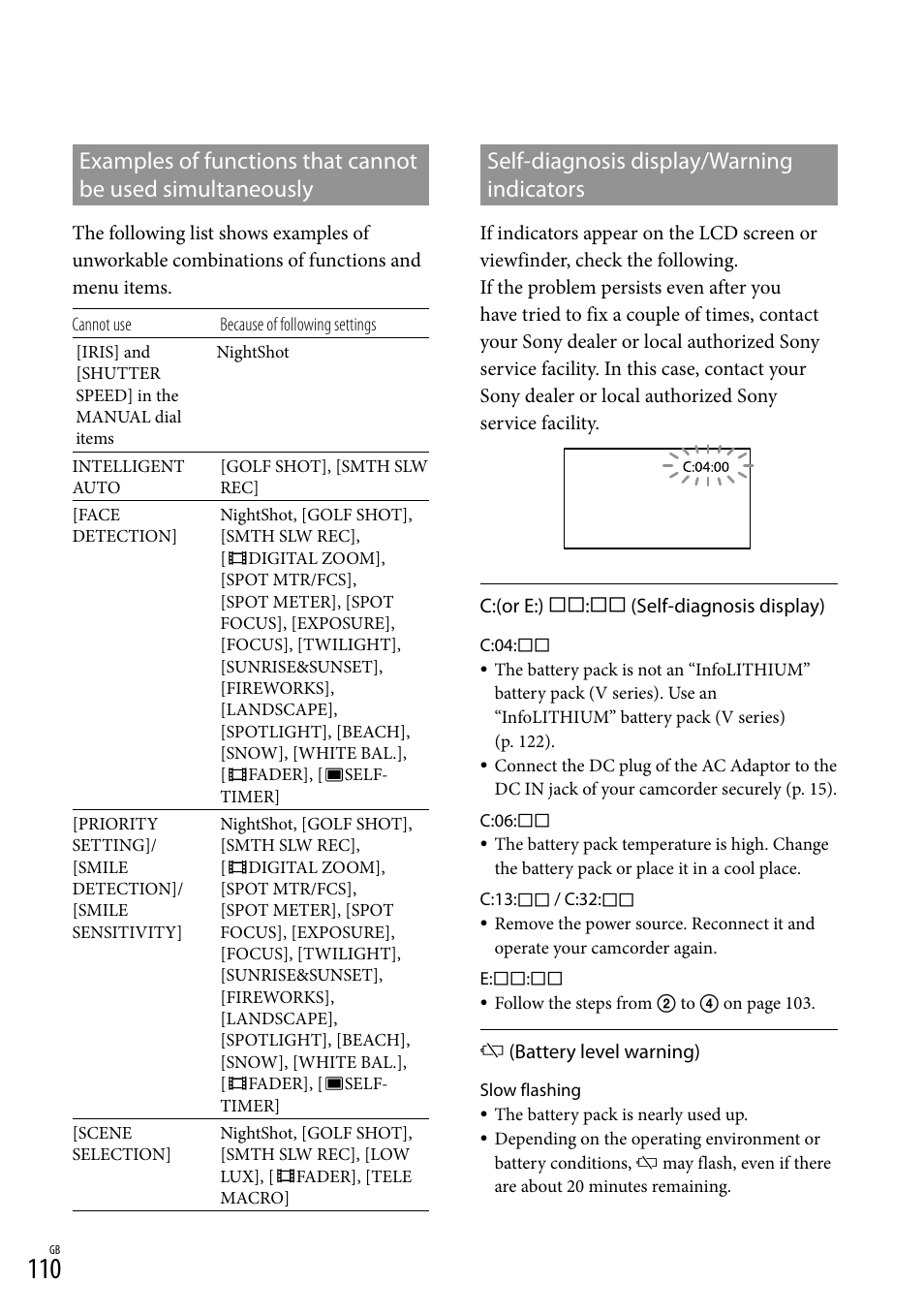 Self-diagnosis display/warning indicators, Examples of functions that cannot be used, Simultaneously | Sony 4-191-794-11(1) User Manual | Page 110 / 139