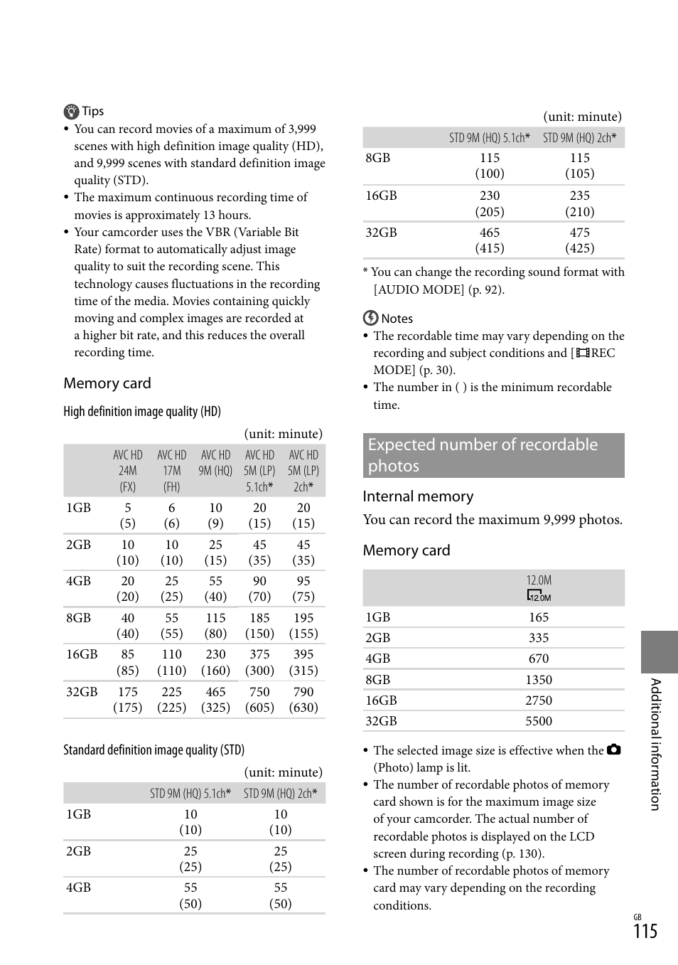 Expected number of recordable photos | Sony 4-191-794-11(1) User Manual | Page 115 / 139