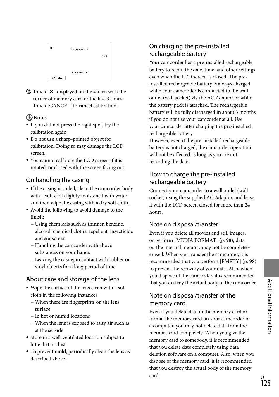 On handling the casing, About care and storage of the lens, On charging the pre-installed rechargeable battery | Sony 4-191-794-11(1) User Manual | Page 125 / 139