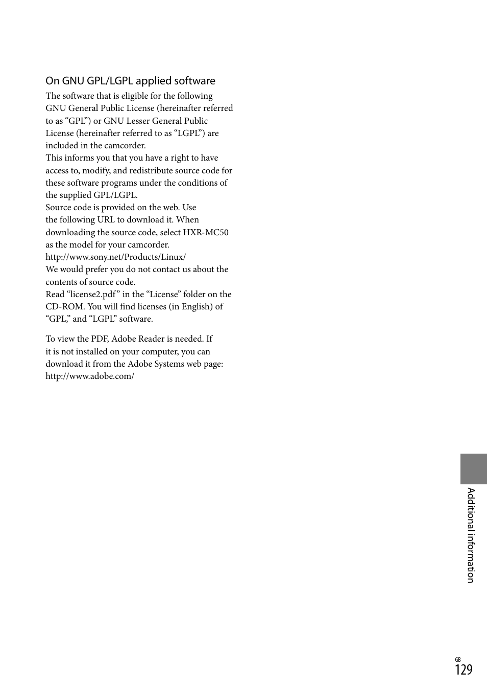 On gnu gpl/lgpl applied software | Sony 4-191-794-11(1) User Manual | Page 129 / 139