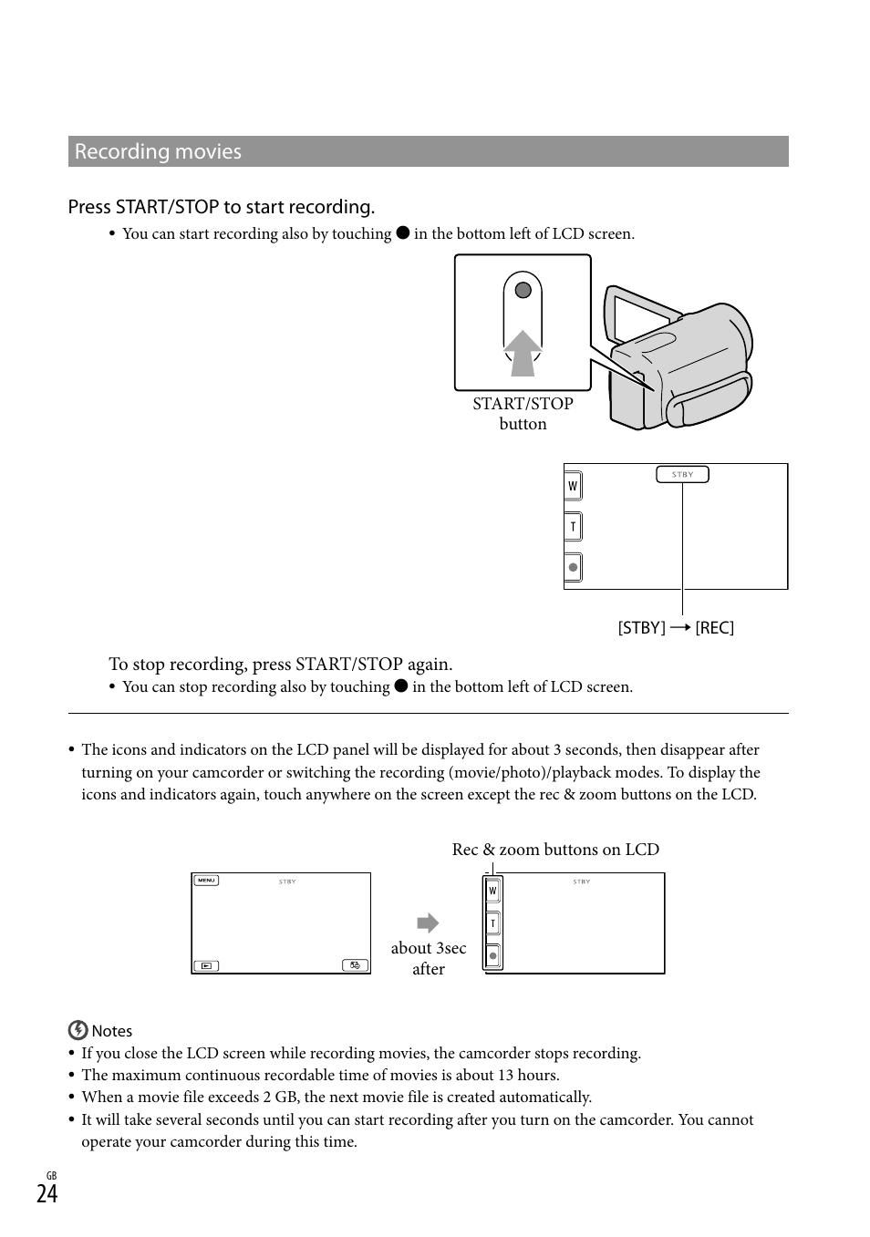 Recording movies, Press start/stop to start recording | Sony 4-191-794-11(1) User Manual | Page 24 / 139