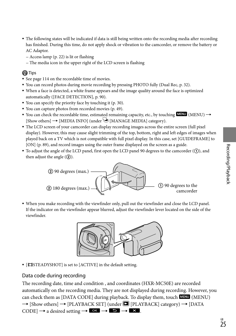 Data code during recording | Sony 4-191-794-11(1) User Manual | Page 25 / 139