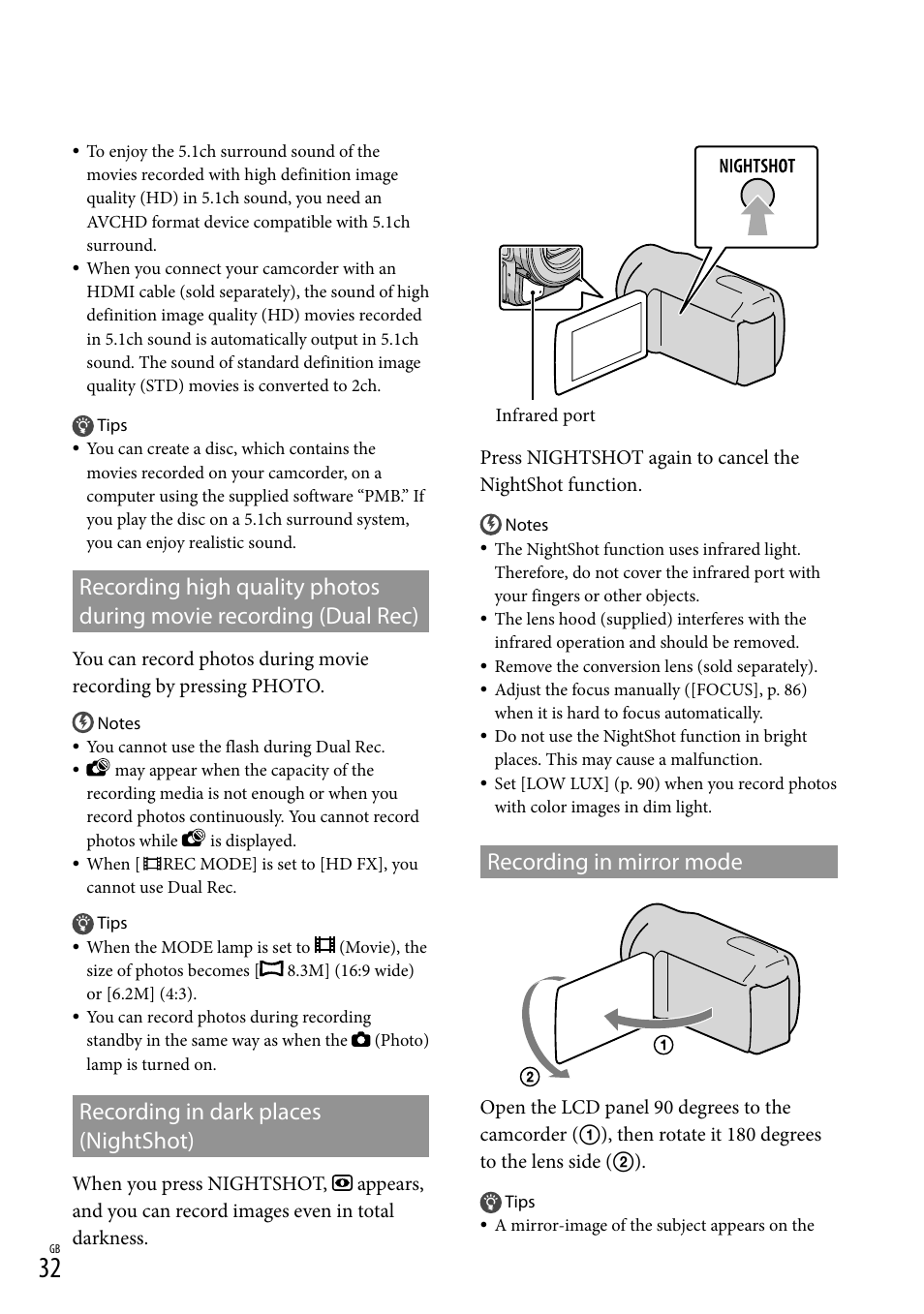 Recording in dark places (nightshot), Recording in mirror mode | Sony 4-191-794-11(1) User Manual | Page 32 / 139