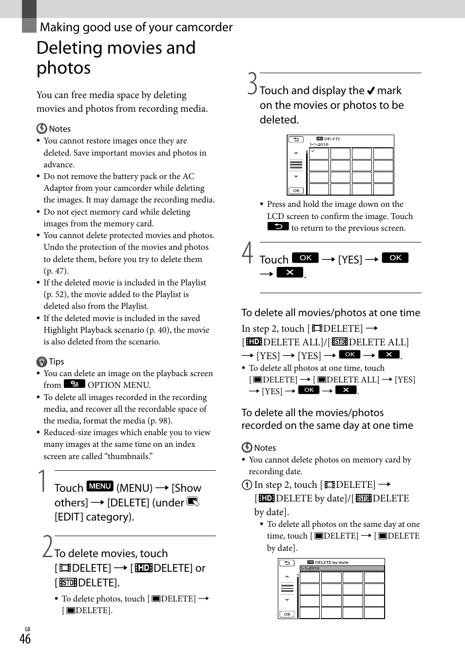 Making good use of your camcorder, Deleting movies and photos | Sony 4-191-794-11(1) User Manual | Page 46 / 139