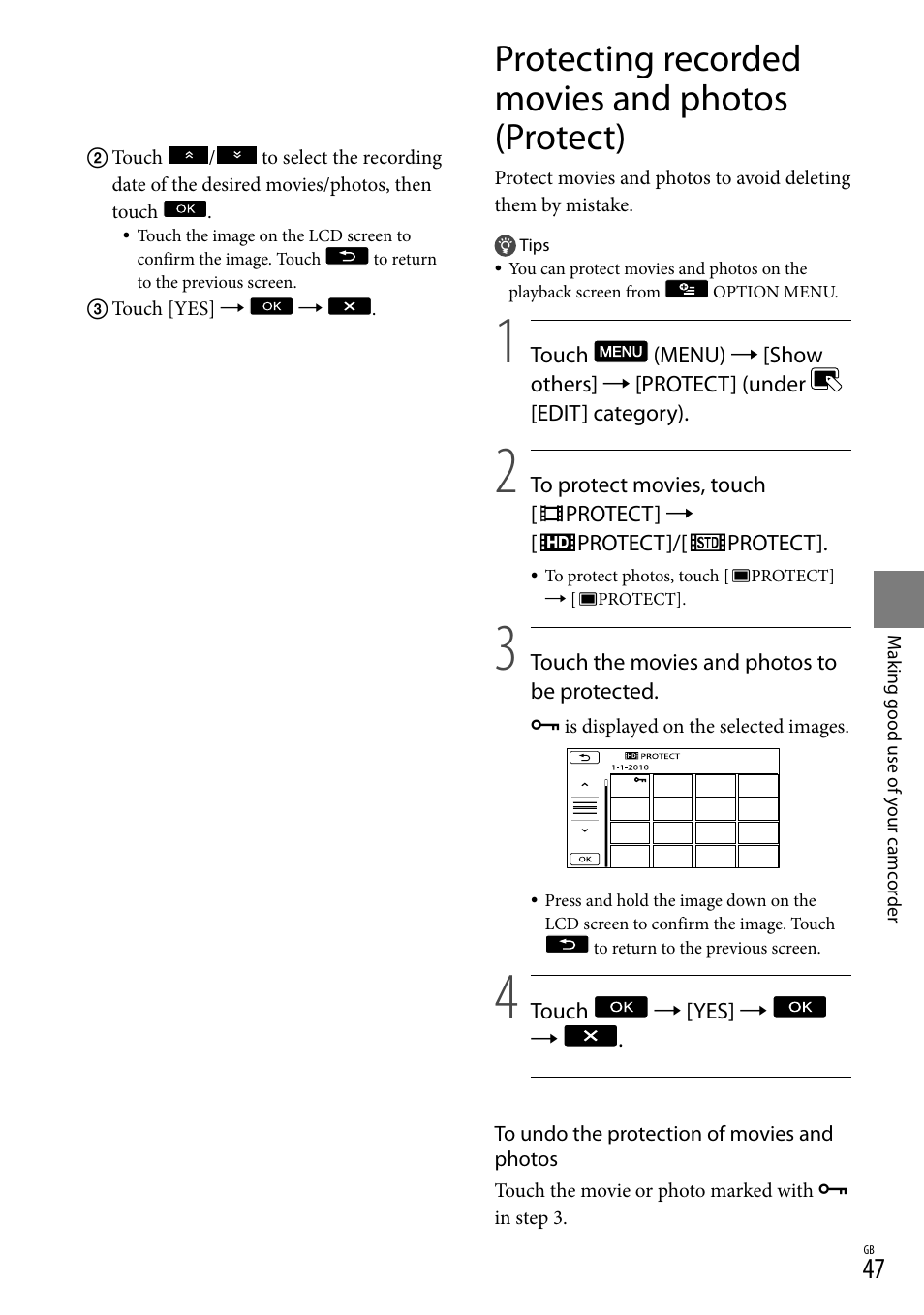 Protecting recorded movies and photos (protect) | Sony 4-191-794-11(1) User Manual | Page 47 / 139