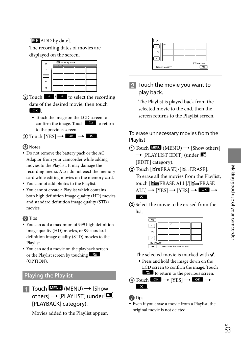 Playing the playlist, Touch the movie you want to play back | Sony 4-191-794-11(1) User Manual | Page 53 / 139