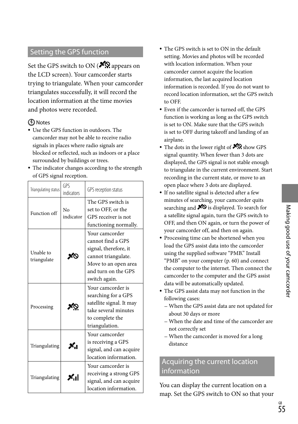 Setting the gps function, Acquiring the current location information | Sony 4-191-794-11(1) User Manual | Page 55 / 139