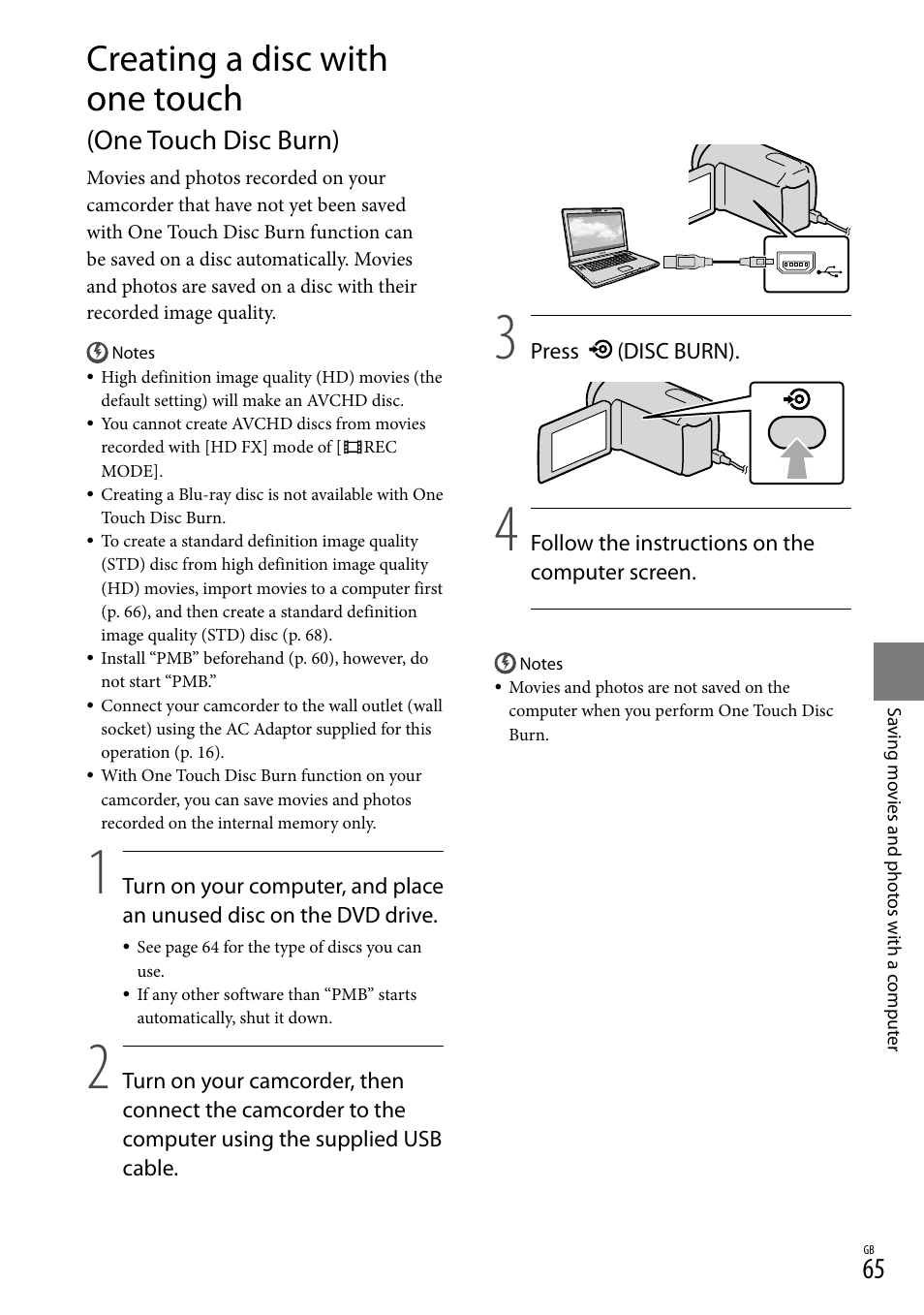 Creating a disc with one touch, One touch disc burn) | Sony 4-191-794-11(1) User Manual | Page 65 / 139