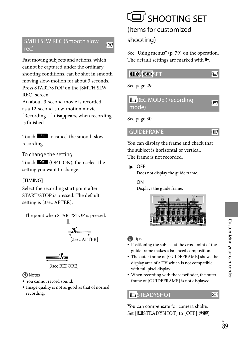 Shooting set (items for customized shooting), Shooting set, Items for customized shooting) | 89), a, Smth slw rec (smooth slow rec), Rec mode (recording mode), Guideframe, Steadyshot | Sony 4-191-794-11(1) User Manual | Page 89 / 139