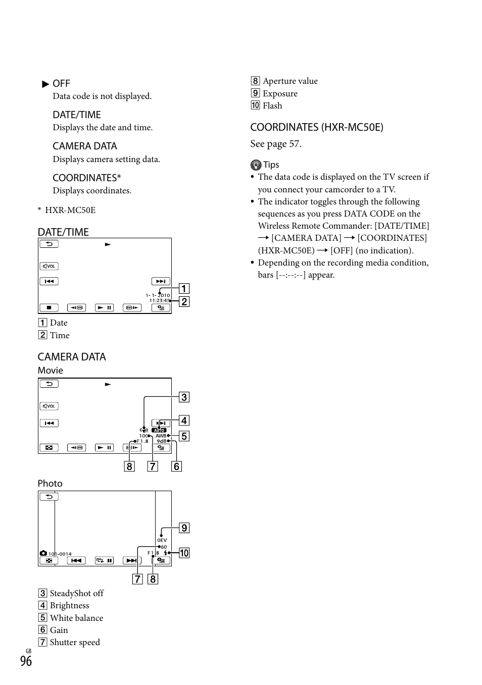 Coordinates (hxr-mc50e), Date/time, Camera data | Sony 4-191-794-11(1) User Manual | Page 96 / 139