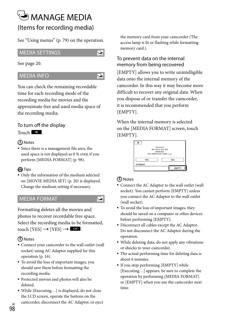 Manage media (items for recording media), Manage media, Items for recording media) | Media settings, Media info, Media format | Sony 4-191-794-11(1) User Manual | Page 98 / 139