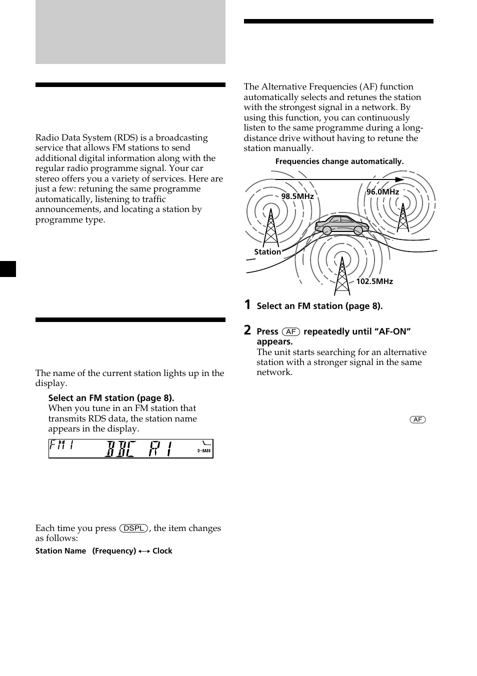 Overview of the rds function, Displaying the station name, Retuning the same programme automatically | Sony XR-L200 User Manual | Page 10 / 112