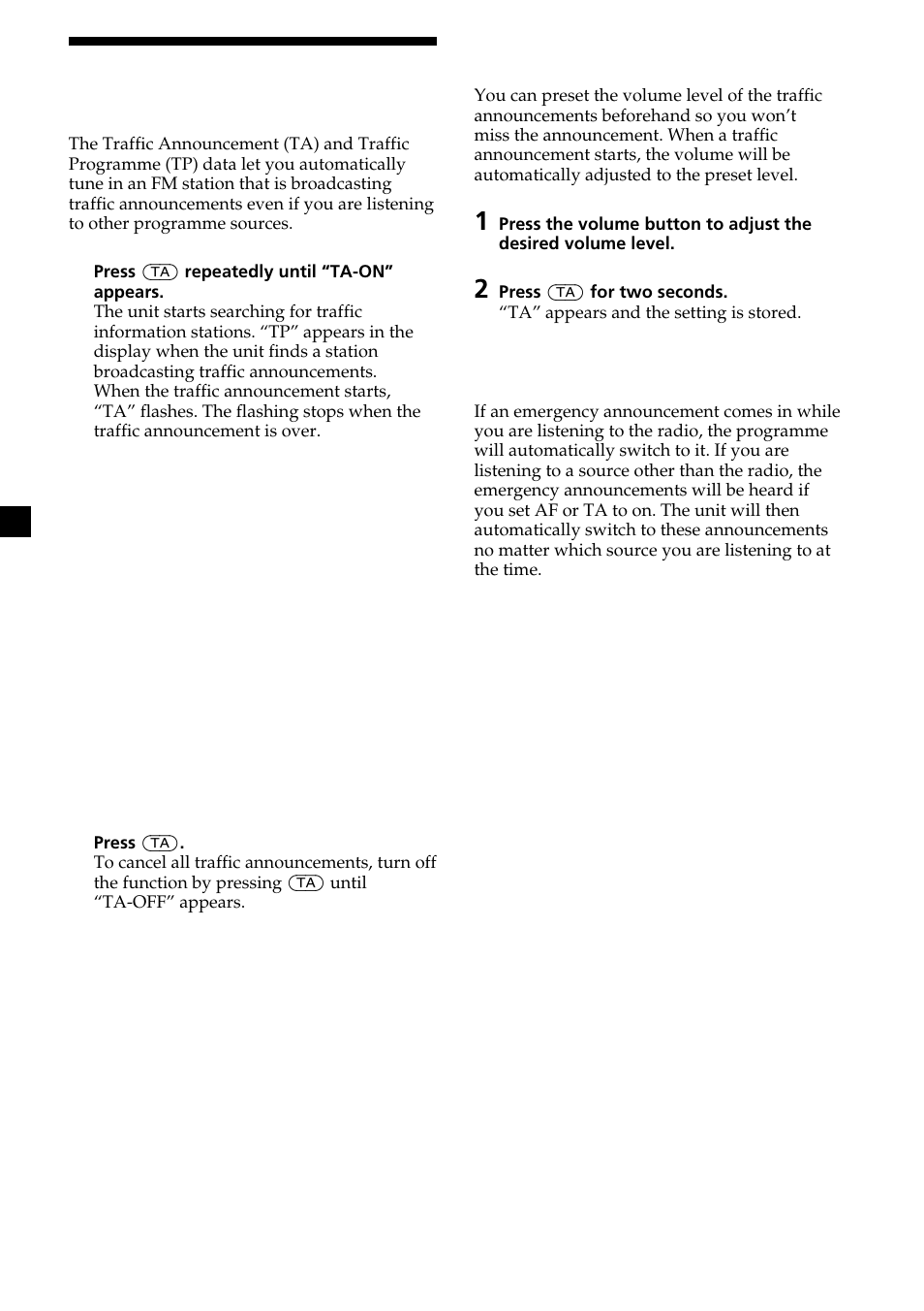 Listening to traffic announcements | Sony XR-L200 User Manual | Page 12 / 112