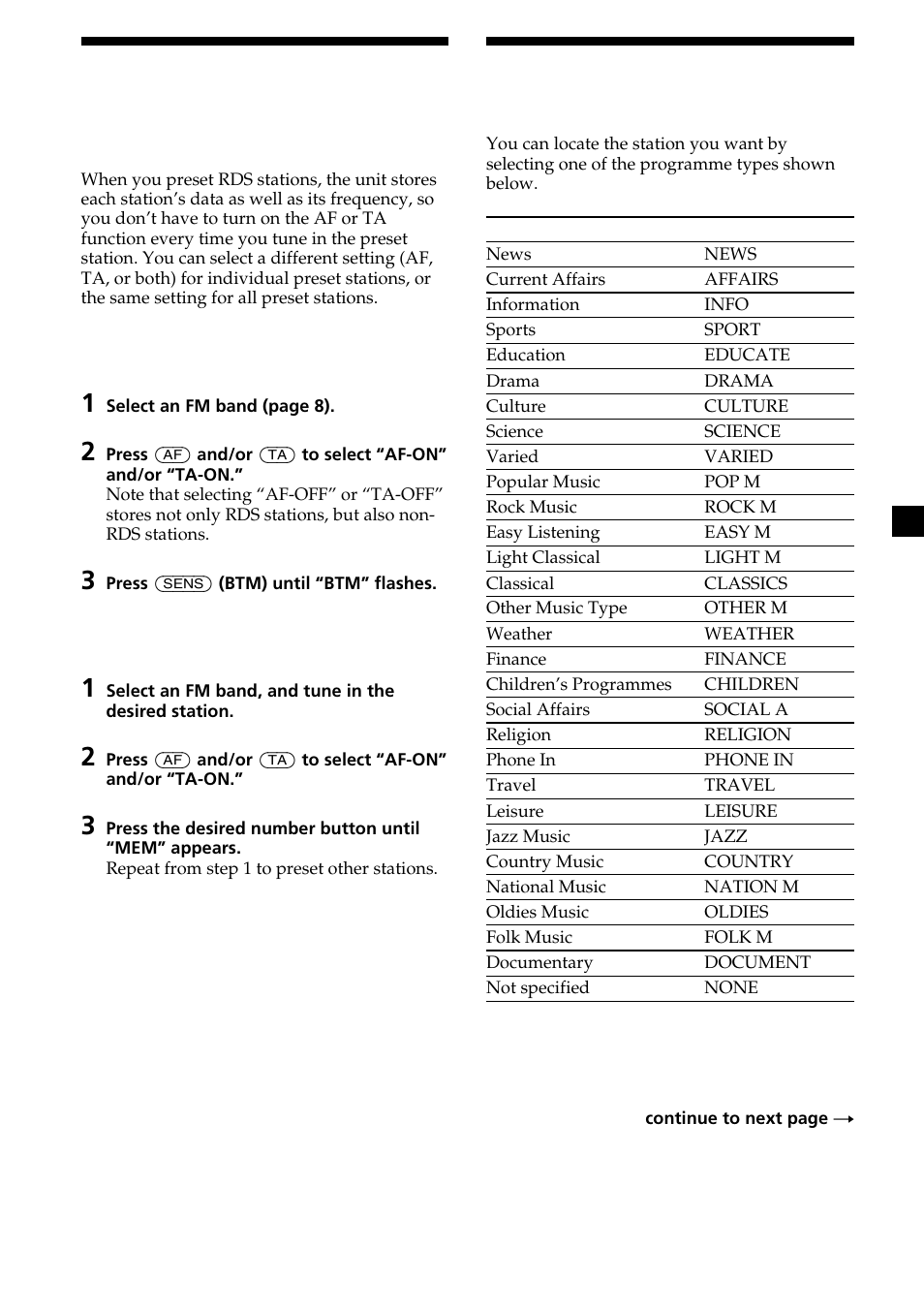 Locating a station by programme type | Sony XR-L200 User Manual | Page 13 / 112