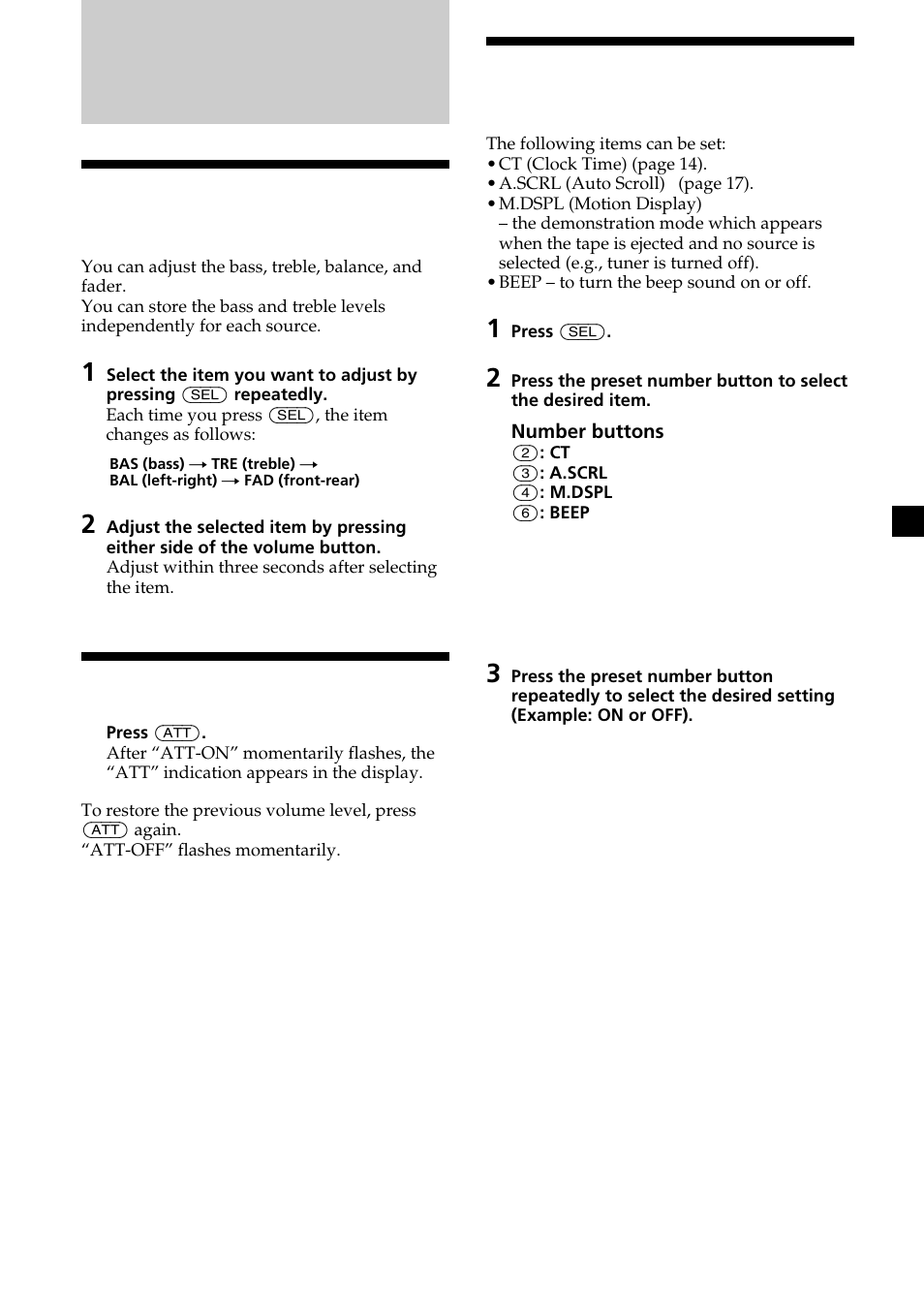 Other functions, Adjusting the sound characteristics, Attenuating the sound | Changing the sound and display settings | Sony XR-L200 User Manual | Page 15 / 112