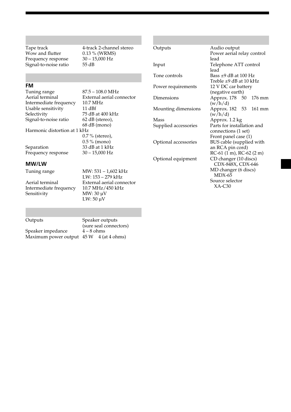 21 specifications, General | Sony XR-L200 User Manual | Page 21 / 112