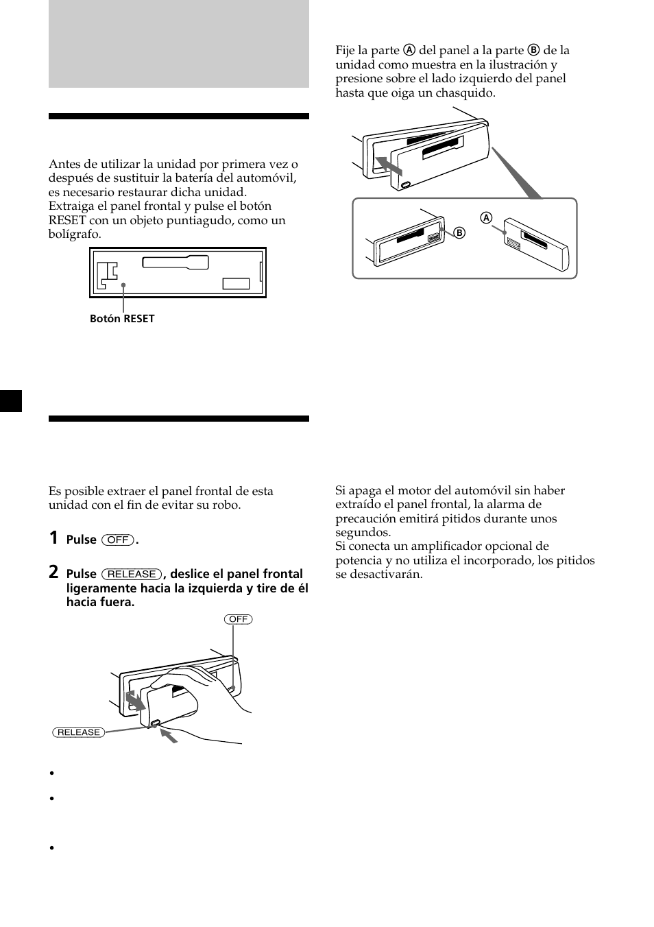 Procedimientos iniciales, Restauración de la unidad, Extracción del panel frontal | Sony XR-L200 User Manual | Page 28 / 112