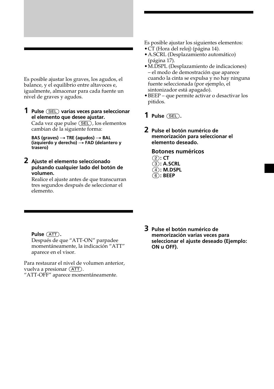 Otras funciones, 15 cambio de los ajustes de sonido y visualización, Ajuste de las características de sonido | Atenuación del sonido | Sony XR-L200 User Manual | Page 37 / 112