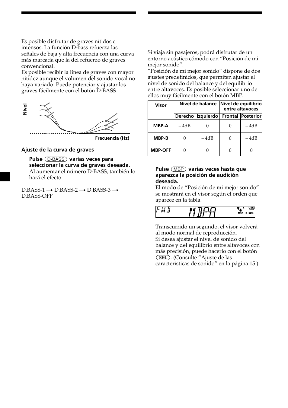 Refuerzo de los graves, Selección de la posición del sonido, D-bass | Posición de mi mejor sonido | Sony XR-L200 User Manual | Page 38 / 112