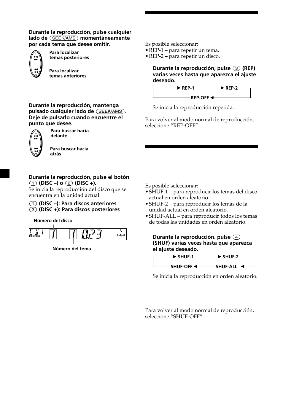 Reproducción repetida de temas, Reproducción de temas en orden aleatorio | Sony XR-L200 User Manual | Page 40 / 112