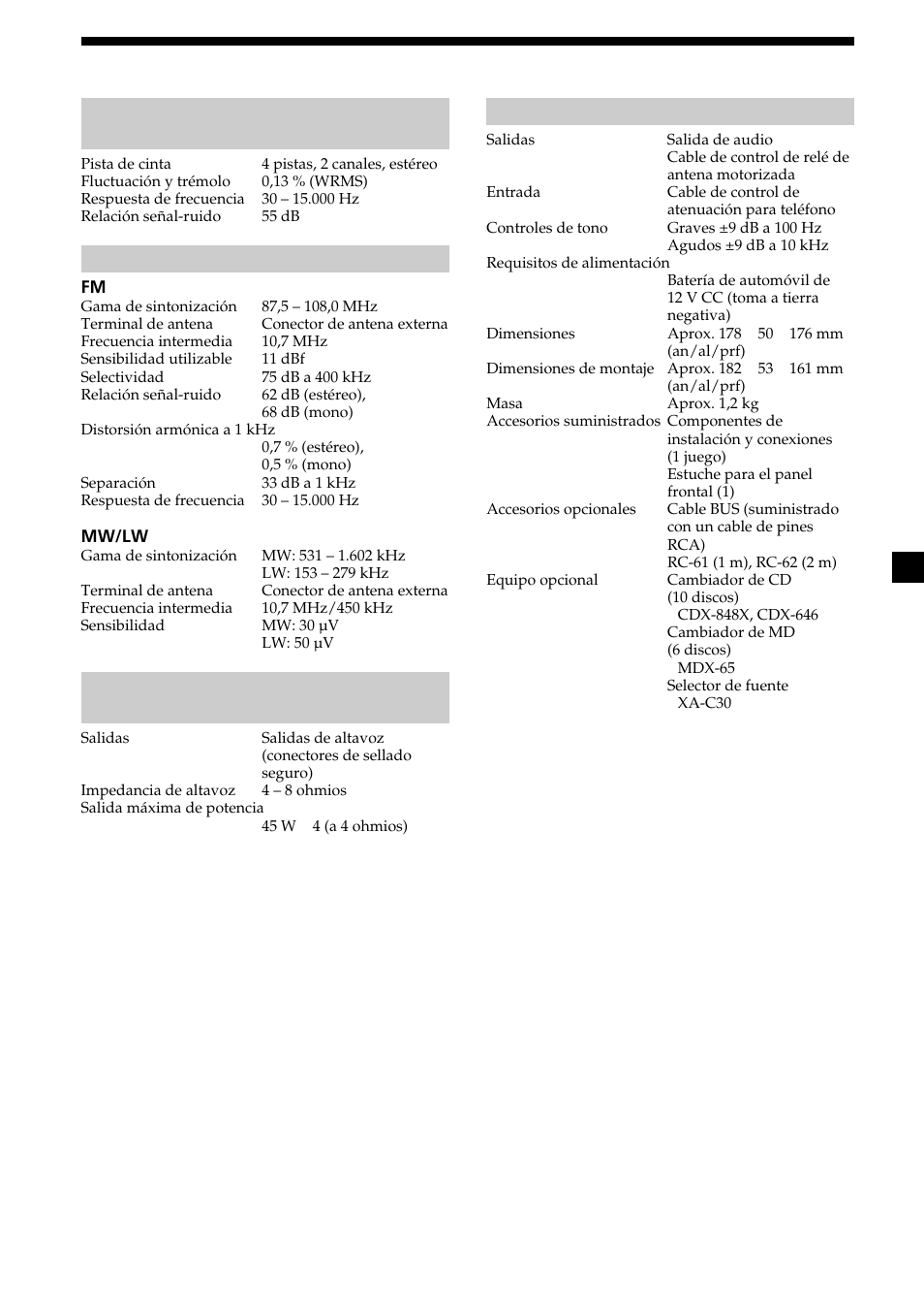 21 especificaciones, Sección del reproductor de cassettes, Sección del sintonizador | Sección del amplificador de potencia, Generales | Sony XR-L200 User Manual | Page 43 / 112