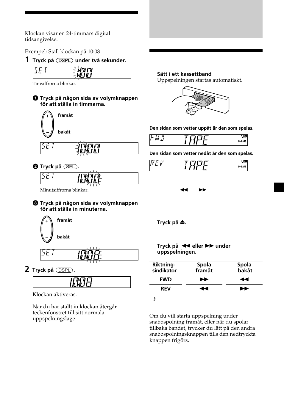 Kassettbandspelare, 7ställa klockan, Lyssna på band | Sony XR-L200 User Manual | Page 51 / 112