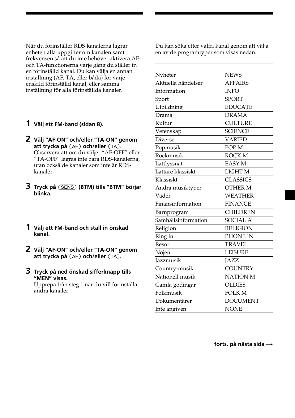 13 förinställa rds-kanalerna med af- och ta-data, Söka en kanal efter programtyp | Sony XR-L200 User Manual | Page 57 / 112