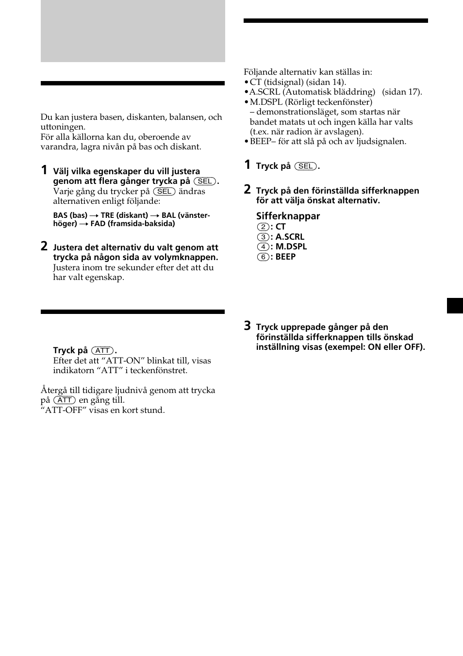Övriga funktioner, 15 ljudjustering, Dämpa ljudet | Ändra ljud- och teckeninställningarna | Sony XR-L200 User Manual | Page 59 / 112