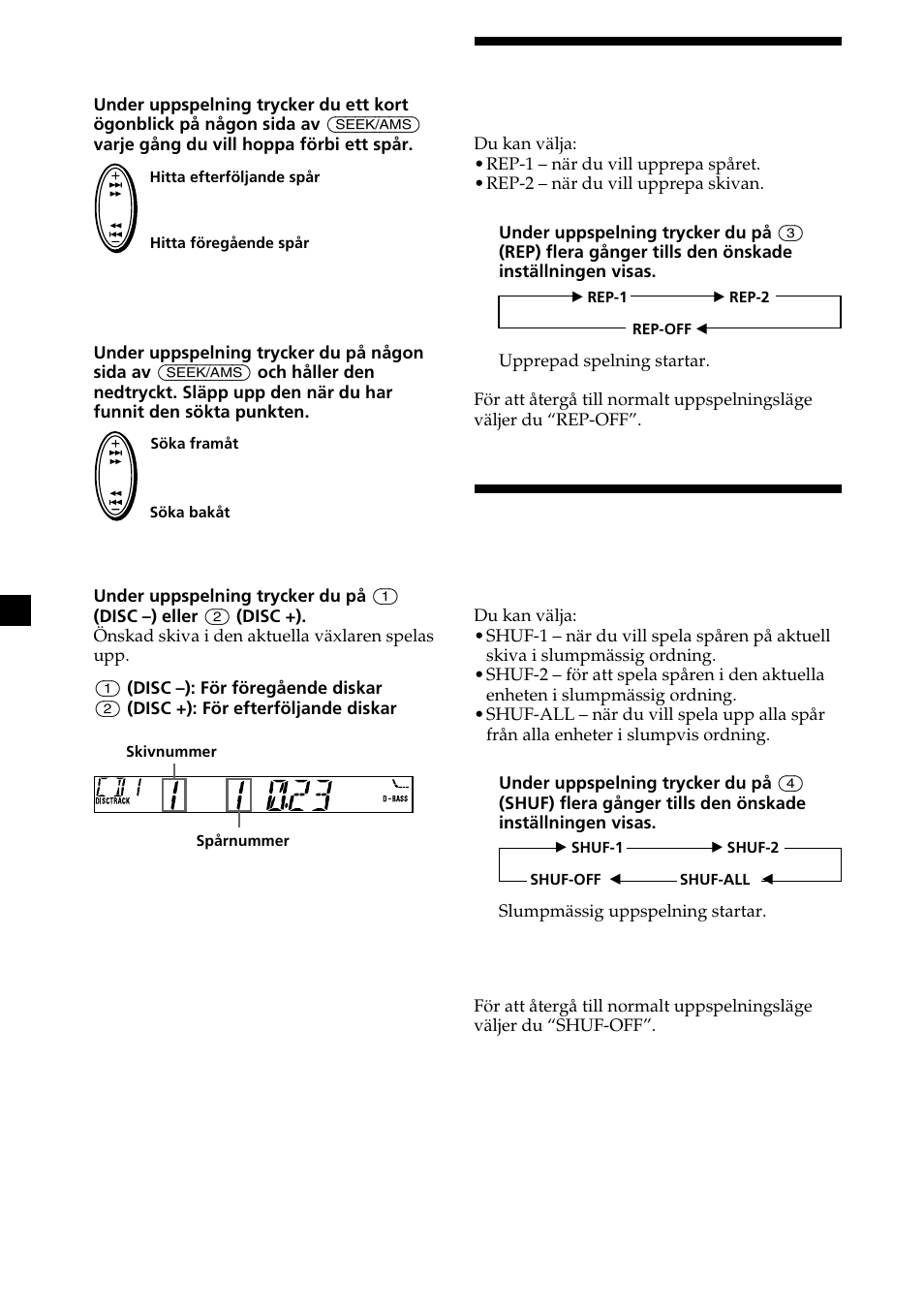 Spela upp spår flera gånger, Spela upp spår i slumpmässig ordning | Sony XR-L200 User Manual | Page 62 / 112