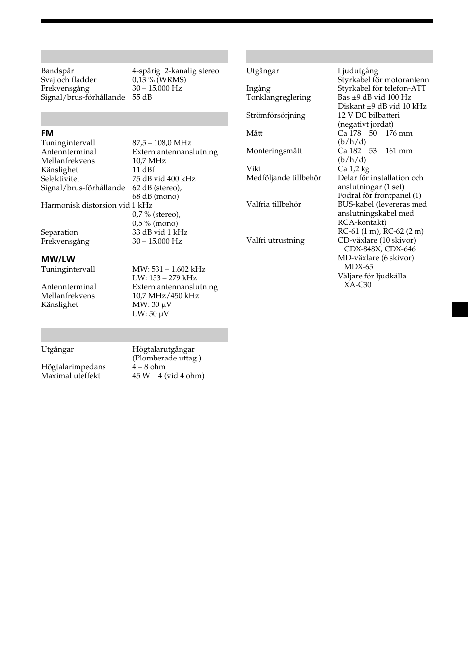 21 tekniska data, Allmänt, Kassettbandspelaren | Tuner, Effektförstärkare | Sony XR-L200 User Manual | Page 65 / 112