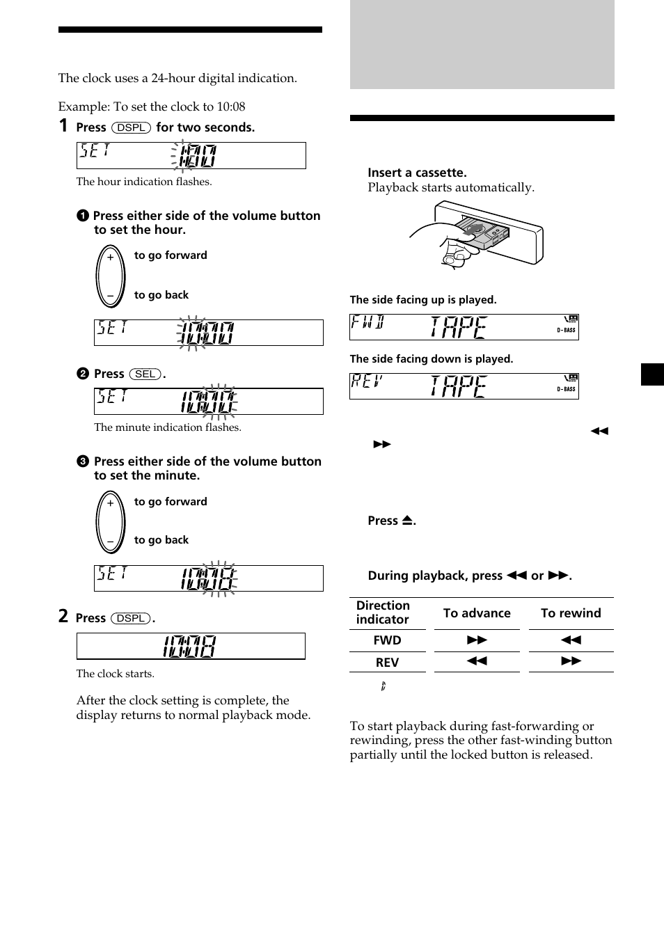 Cassette player, Listening to a tape, Setting the clock | Sony XR-L200 User Manual | Page 7 / 112