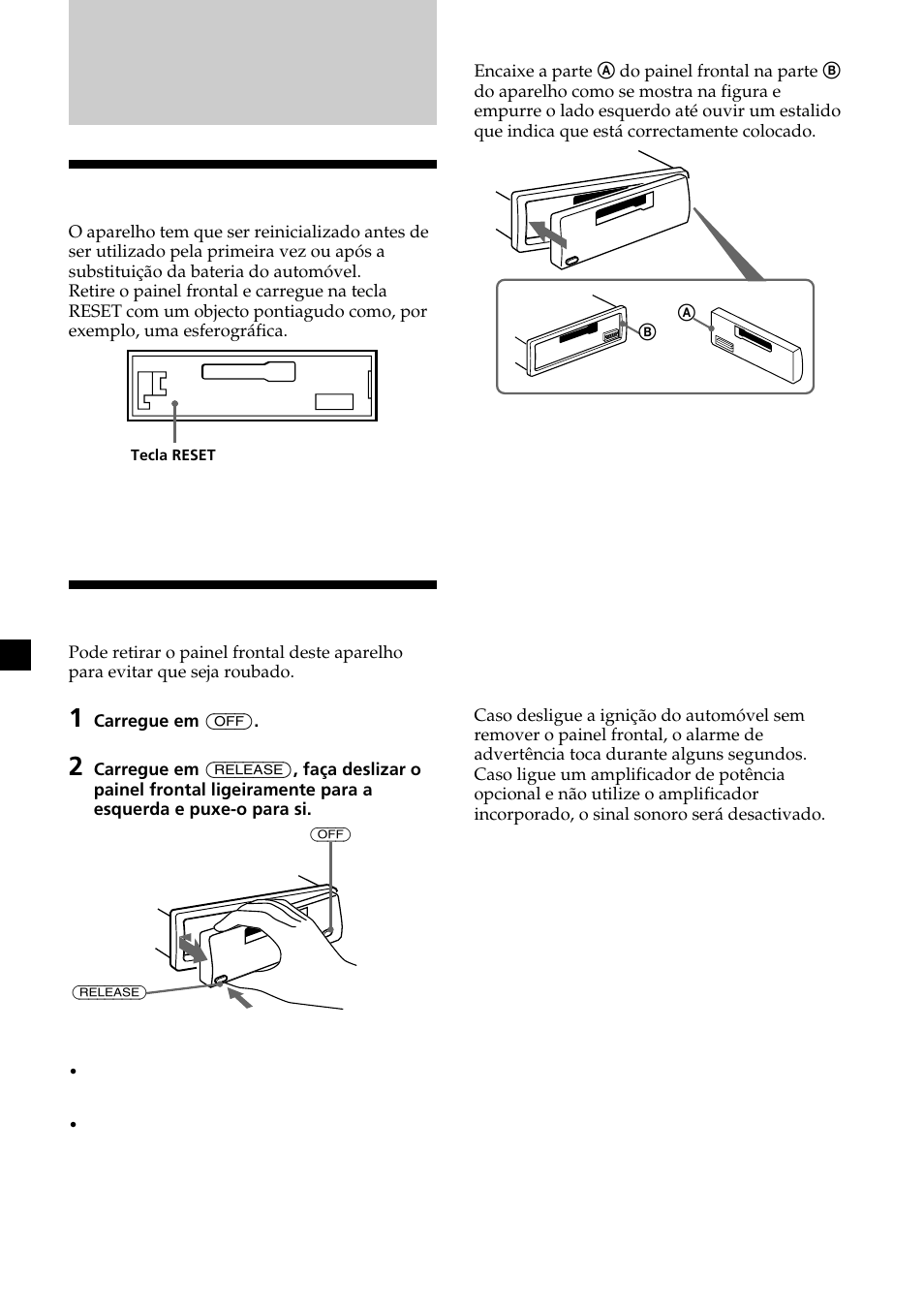 Como começar, Reinicializar o aparelho, Retirar o painel frontal | Sony XR-L200 User Manual | Page 72 / 112