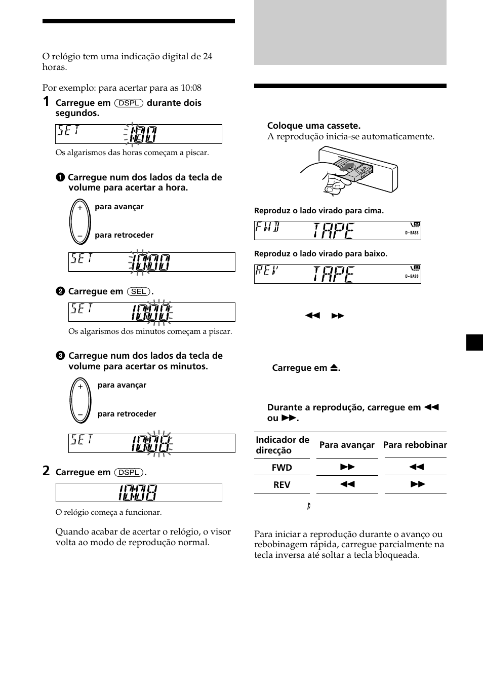 Leitor de cassetes, Ouvir uma cassete, Acertar o relógio | Sony XR-L200 User Manual | Page 73 / 112