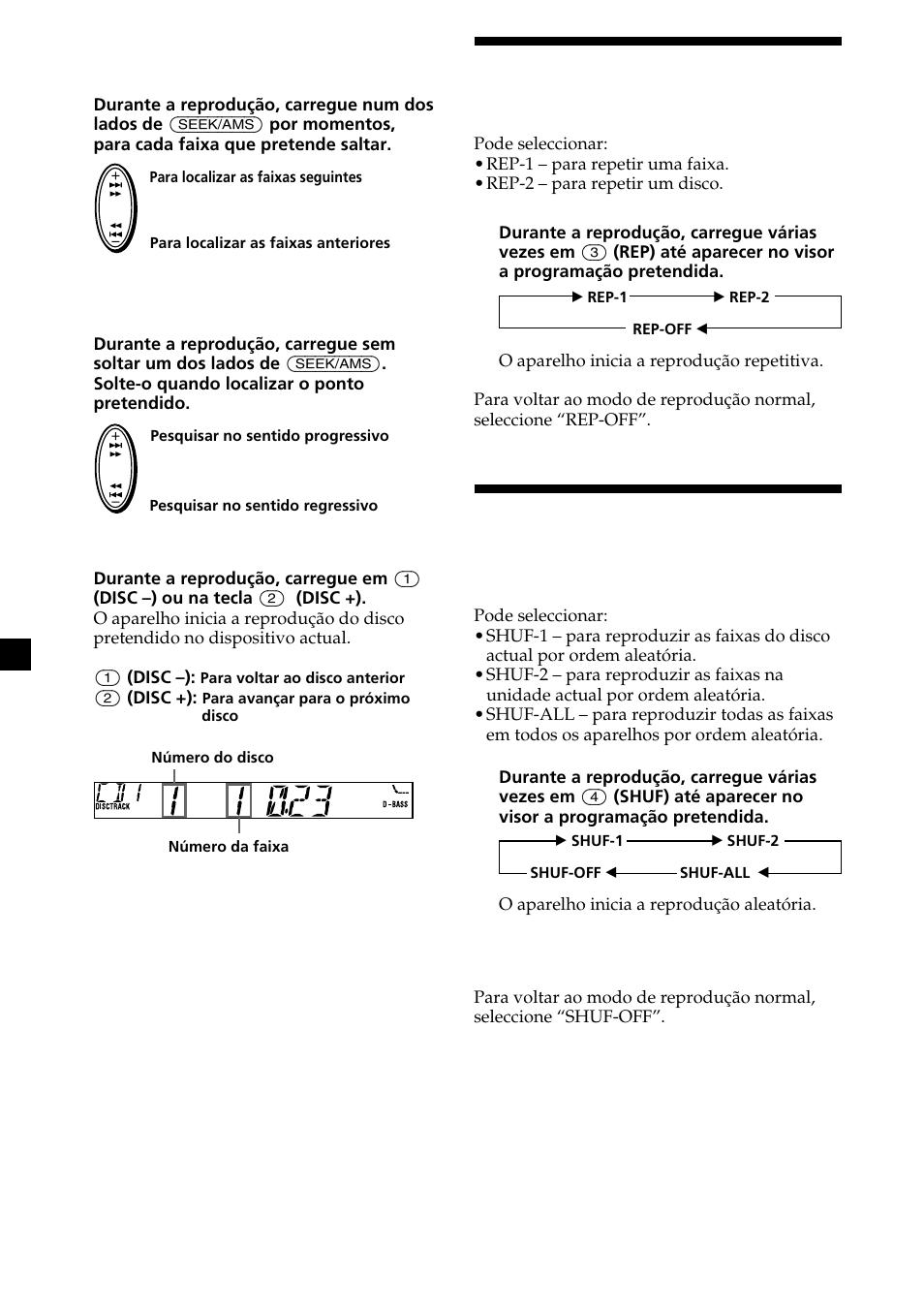 Reprodução repetitiva das faixas, Reprodução das faixas por ordem aleatória | Sony XR-L200 User Manual | Page 84 / 112